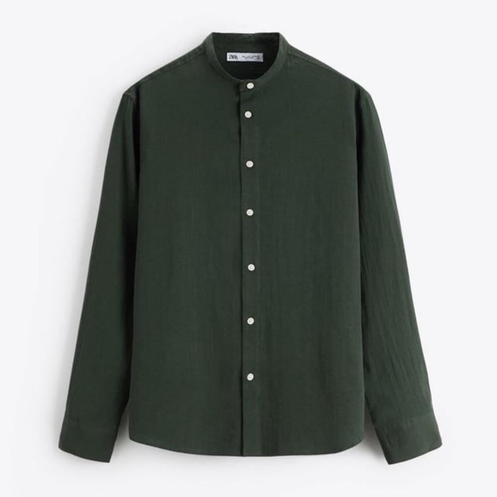 ZARA Men’s Wrinkled Effect Organic Cotton Summer Shirt Green